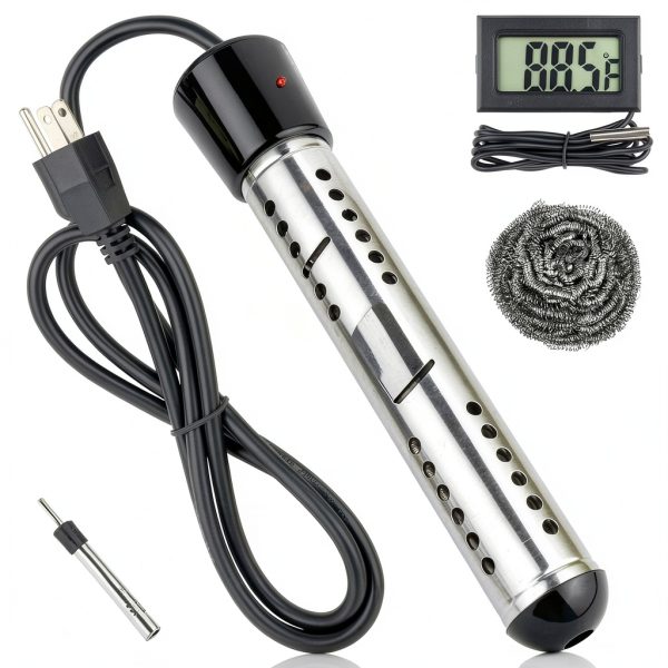 Immersion Water Heater Electric, 2000W Portable Hot Water Heater with 304 S S Guard & LCD Thermometer, Submersible Water Heater Heats up 5 Gallons of Water in Minutes for Bucket Bathtub Small Pool-0